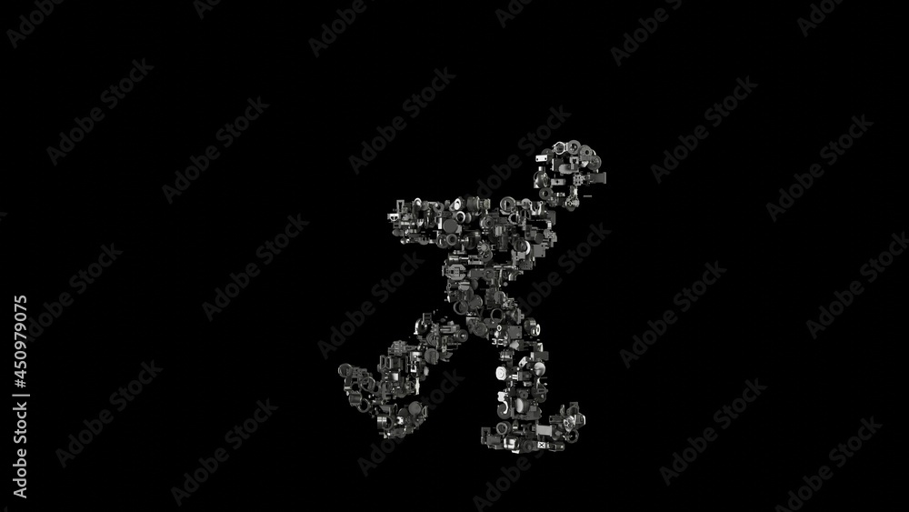 Poster 3d rendering mechanical parts in shape of symbol of skating isolated on black background