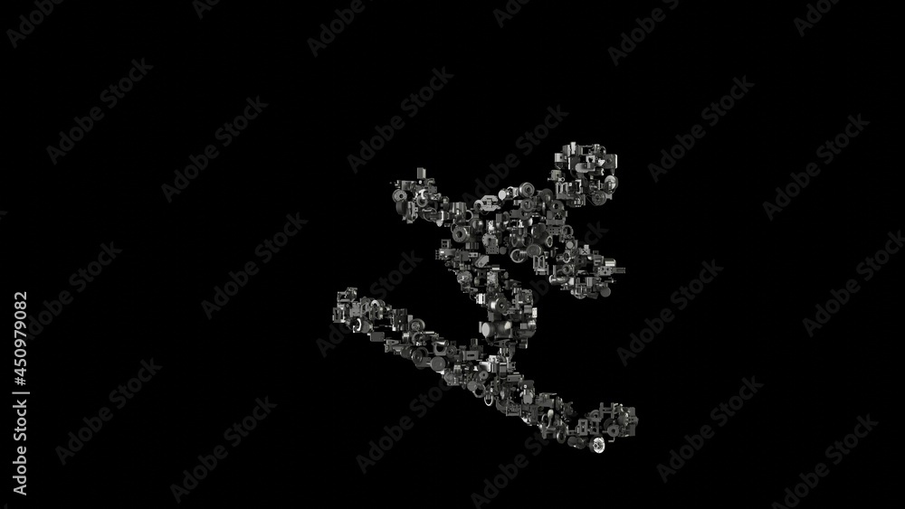 Poster 3d rendering mechanical parts in shape of symbol of skiing isolated on black background