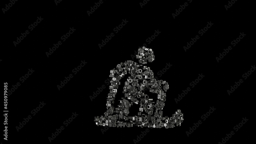Poster 3d rendering mechanical parts in shape of symbol of skiing nordic isolated on black background