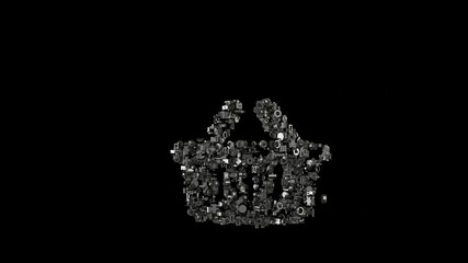 3d rendering mechanical parts in shape of symbol of shopping basket isolated on black background
