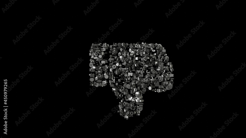 Poster 3d rendering mechanical parts in shape of symbol of social dislike isolated on black background