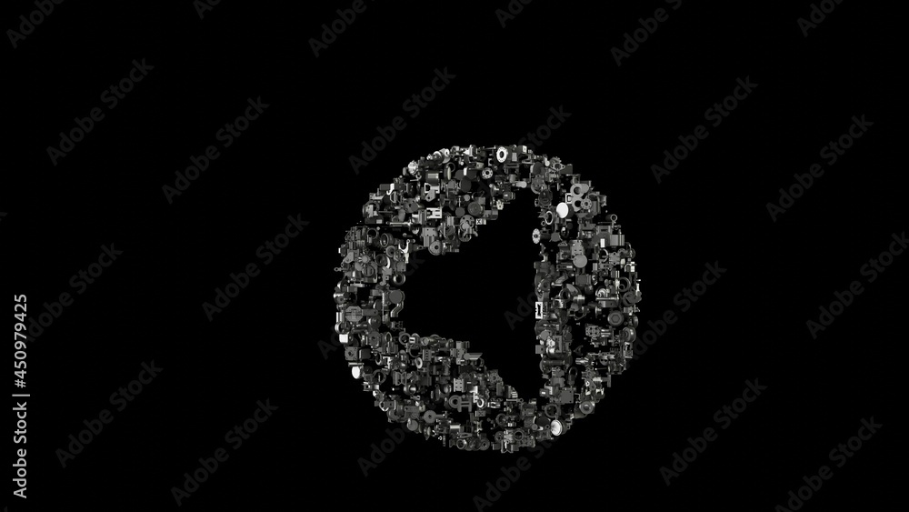 Poster 3d rendering mechanical parts in shape of symbol of speaker isolated on black background
