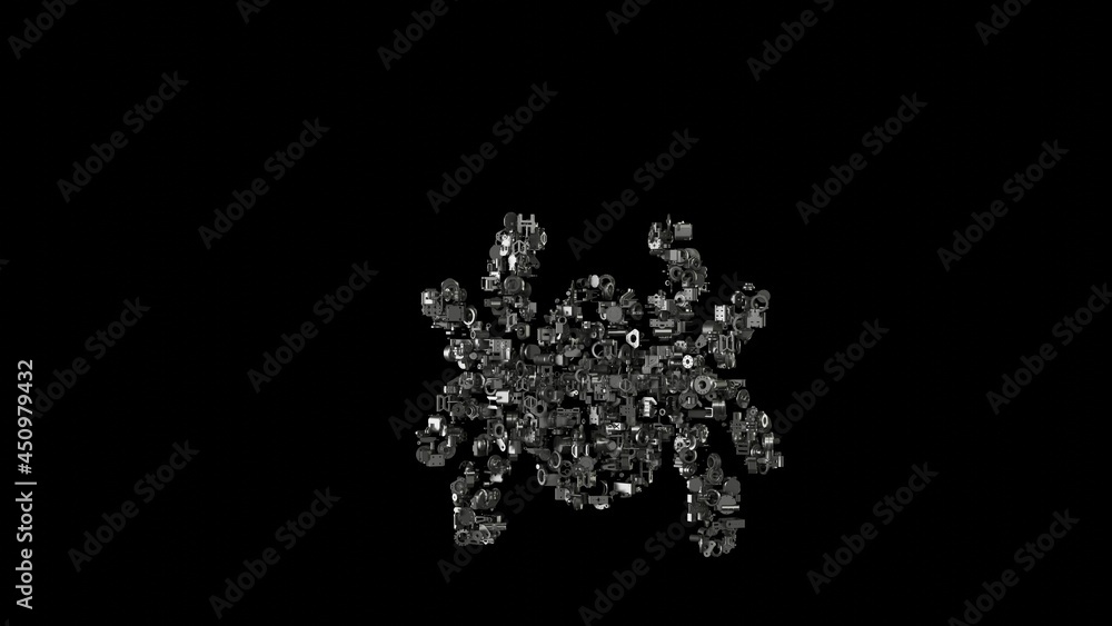 Poster 3d rendering mechanical parts in shape of symbol of spider isolated on black background