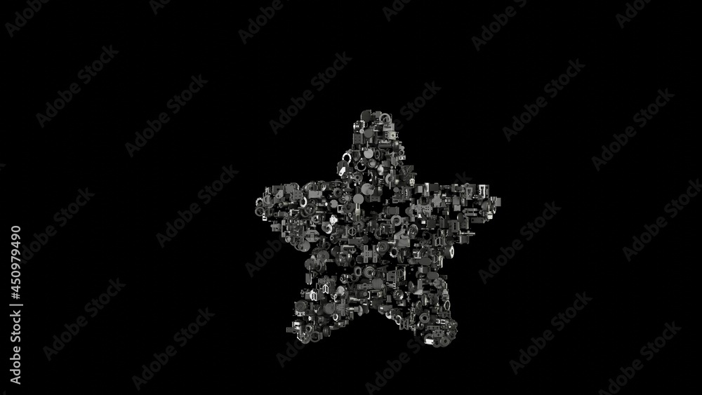Poster 3d rendering mechanical parts in shape of symbol of star isolated on black background