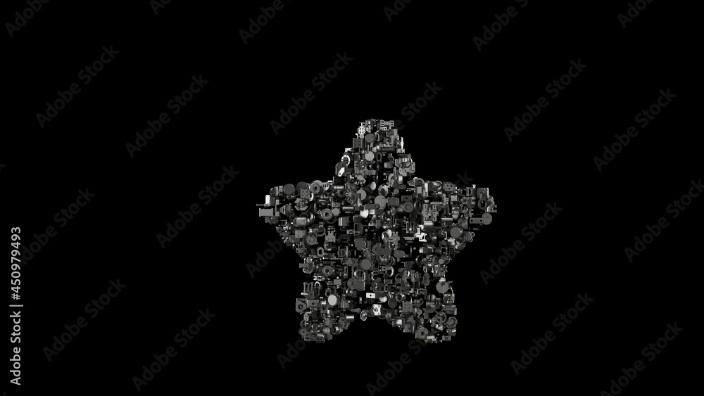 Poster 3d rendering mechanical parts in shape of symbol of star isolated on black background