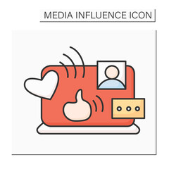 Social media color icon. Laptop computer with like, comment and share. Social network news informational spreading channel concept. Isolated vector illustration