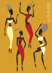 Beautiful African silhouettes of girls. Traditional dance. Clothing of the peoples of Africa. Large decorations. Rituals. Ethnic, vector illustration. The ornament.