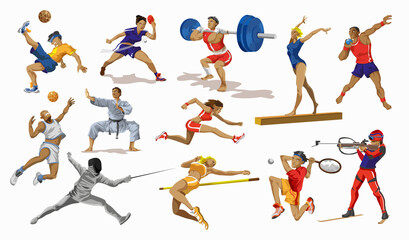Sport people set. Collection of different sport activity. Professional athlet doing sport. Basketball, football,karate,tennis,sprint,gymnastic,weightlifter . Vector illustration in cartoon style