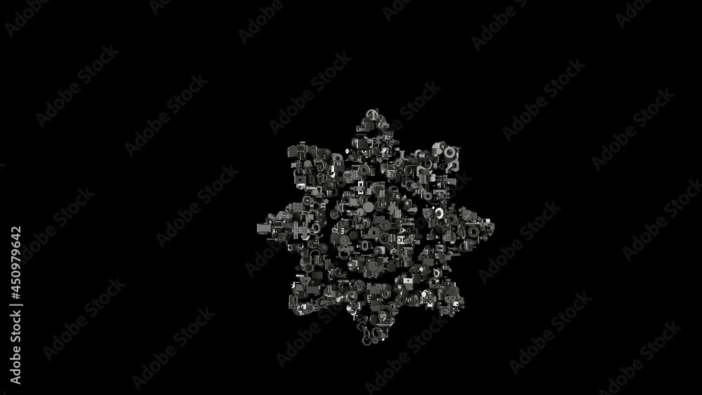 Poster 3d rendering mechanical parts in shape of symbol of sun isolated on black background
