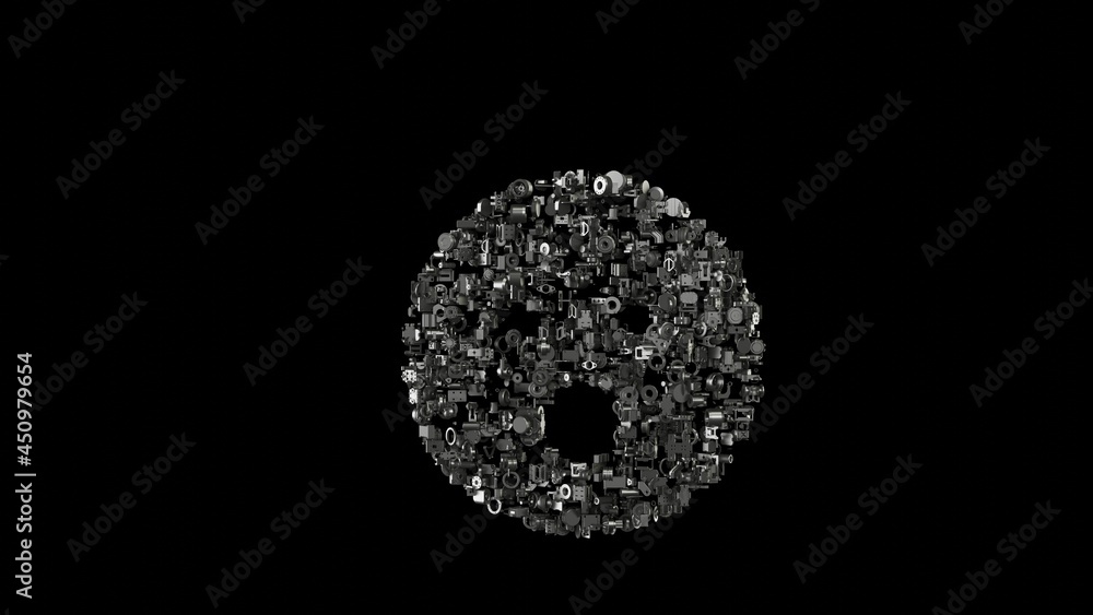 Poster 3d rendering mechanical parts in shape of symbol of surprise isolated on black background