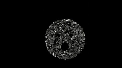 3d rendering mechanical parts in shape of symbol of surprise isolated on black background