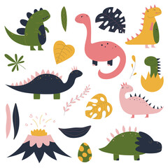 Colorful hand drawn set with dinosaur, tropical leaves, volcano, baby dino in egg. Colorful design for kid nursery. Childish Jurassic reptiles characters. Vector illustration