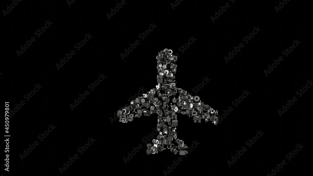 Poster 3d rendering mechanical parts in shape of symbol of technology isolated on black background