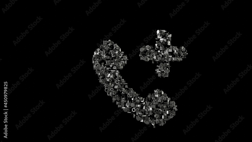 Poster 3d rendering mechanical parts in shape of symbol of technology isolated on black background