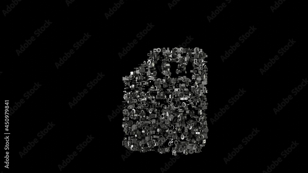 Poster 3d rendering mechanical parts in shape of symbol of technology isolated on black background