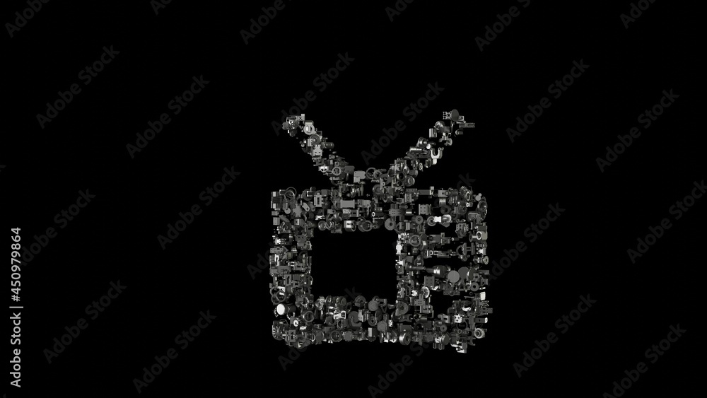 Poster 3d rendering mechanical parts in shape of symbol of television isolated on black background