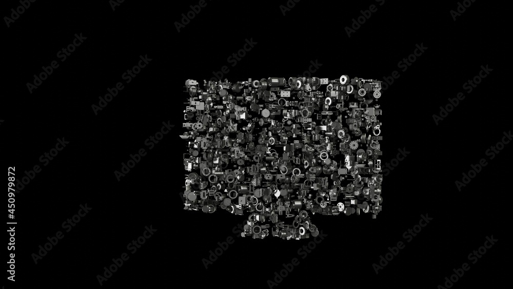 Poster 3d rendering mechanical parts in shape of symbol of television09 isolated on black background