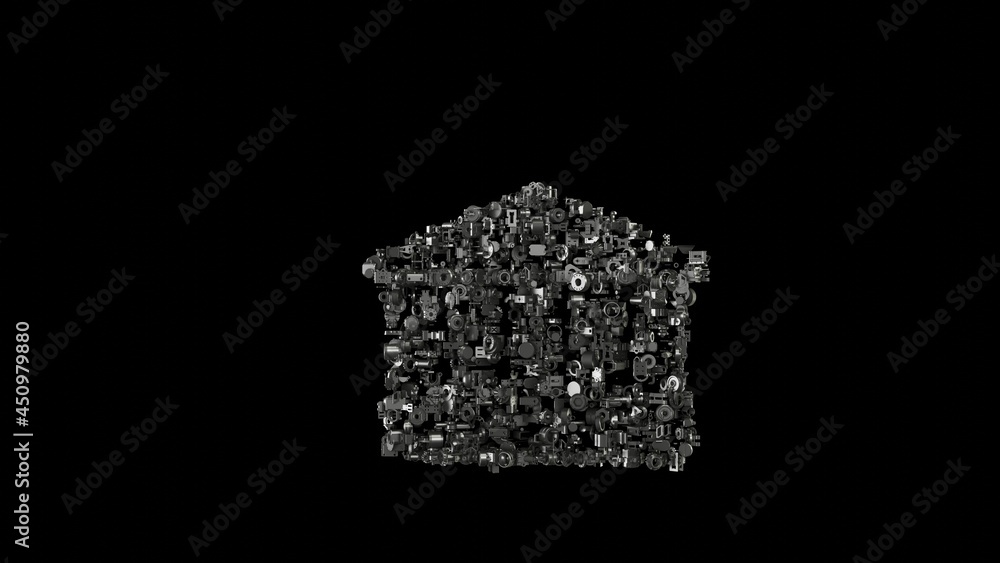 Poster 3d rendering mechanical parts in shape of symbol of temple isolated on black background