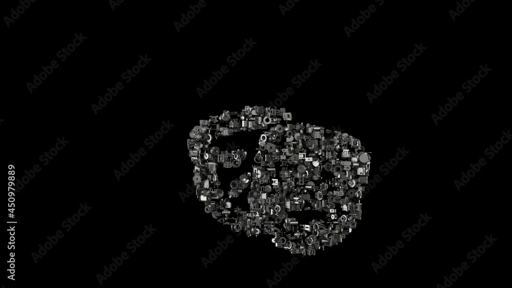 Poster 3d rendering mechanical parts in shape of symbol of theater masks isolated on black background