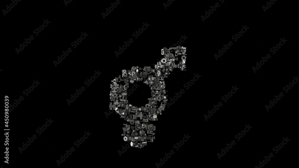 Poster 3d rendering mechanical parts in shape of symbol of transgender isolated on black background
