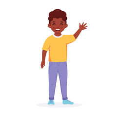 Little black boy smiling and waving hand. Greeting gesture. Elementary school student, kindergarten pupil. Vector illustration
