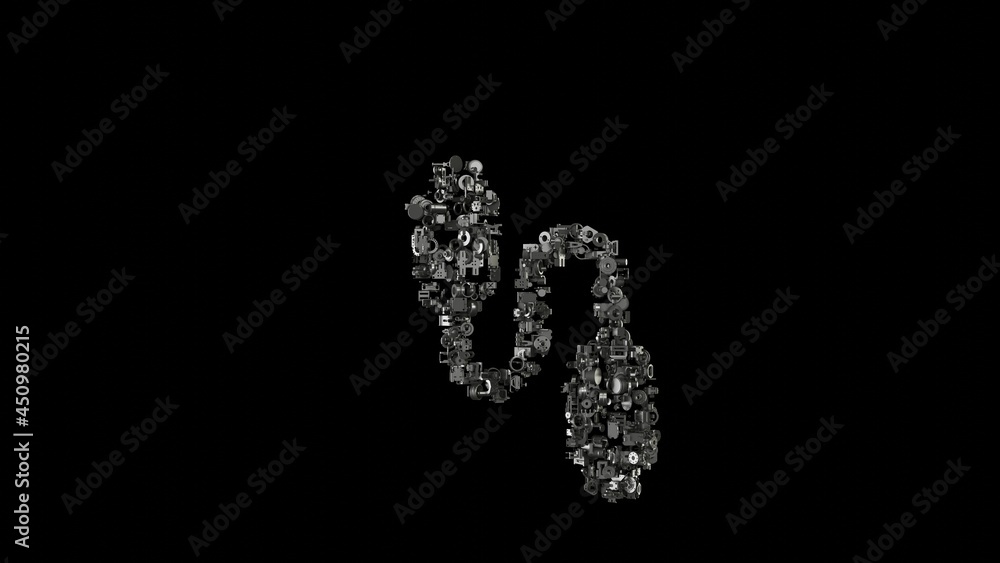 Poster 3d rendering mechanical parts in shape of symbol of usb cable isolated on black background