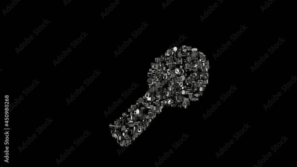 Poster 3d rendering mechanical parts in shape of symbol of utensil spoon isolated on black background