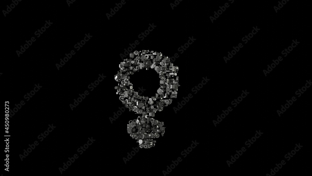 Poster 3d rendering mechanical parts in shape of symbol of venus isolated on black background