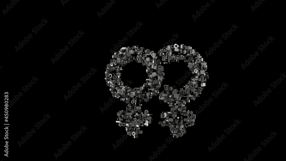 Poster 3d rendering mechanical parts in shape of symbol of venus double isolated on black background