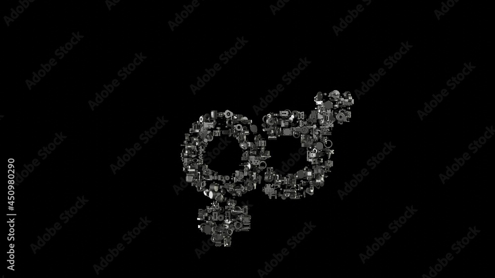 Poster 3d rendering mechanical parts in shape of symbol of venus mars isolated on black background
