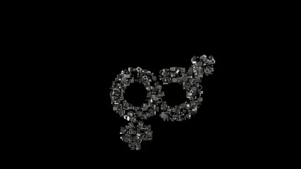 3d rendering mechanical parts in shape of symbol of Venus mars isolated on black background