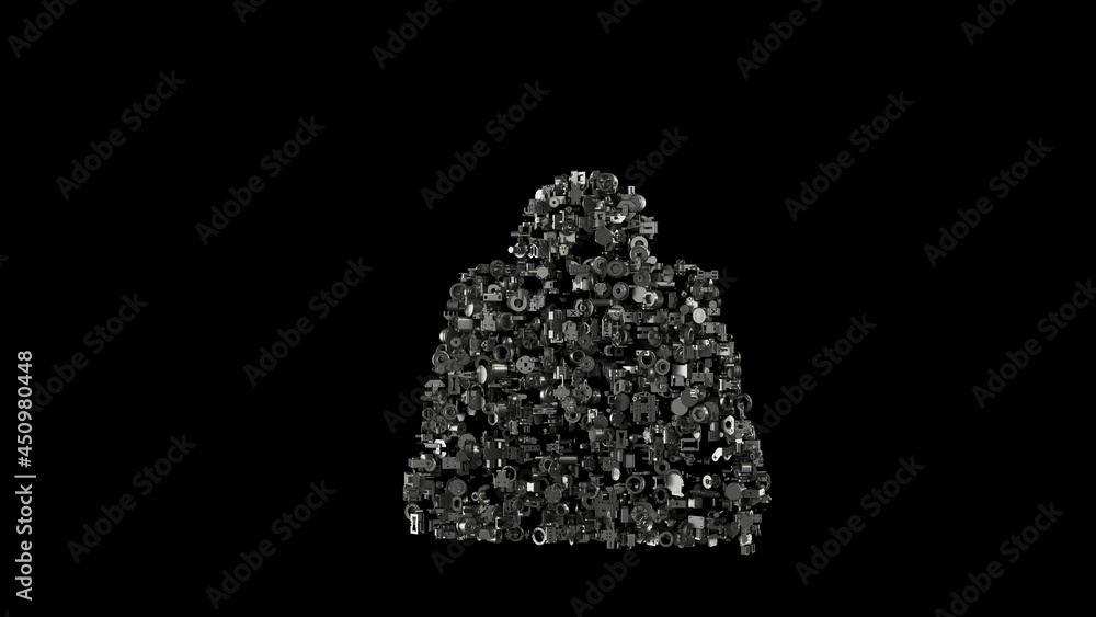 Poster 3d rendering mechanical parts in shape of symbol of weight hanging isolated on black background