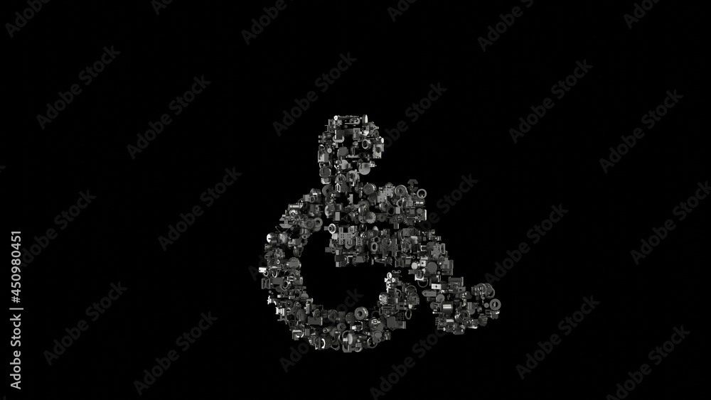Poster 3d rendering mechanical parts in shape of symbol of wheelchair isolated on black background