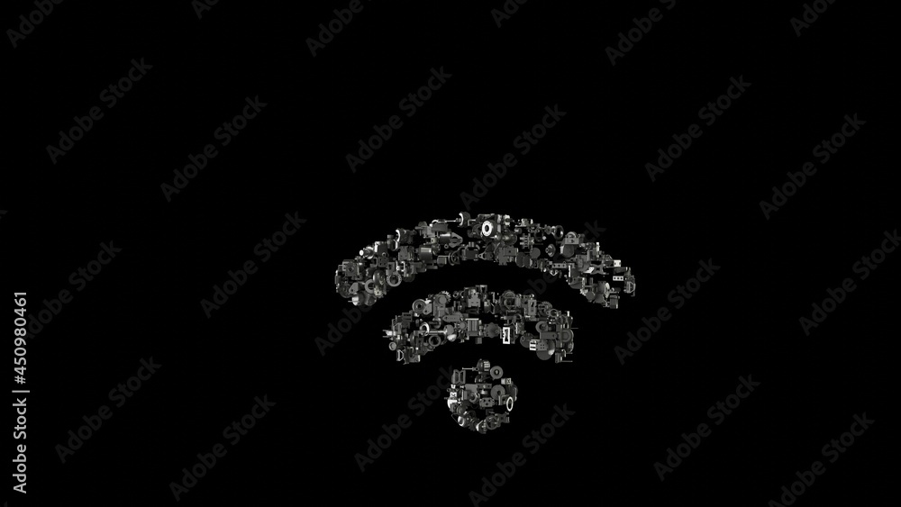 Poster 3d rendering mechanical parts in shape of symbol of wi-fi isolated on black background