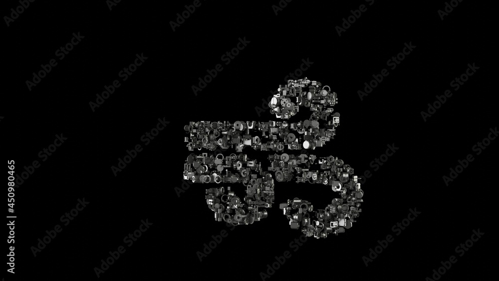 Poster 3d rendering mechanical parts in shape of symbol of wind isolated on black background