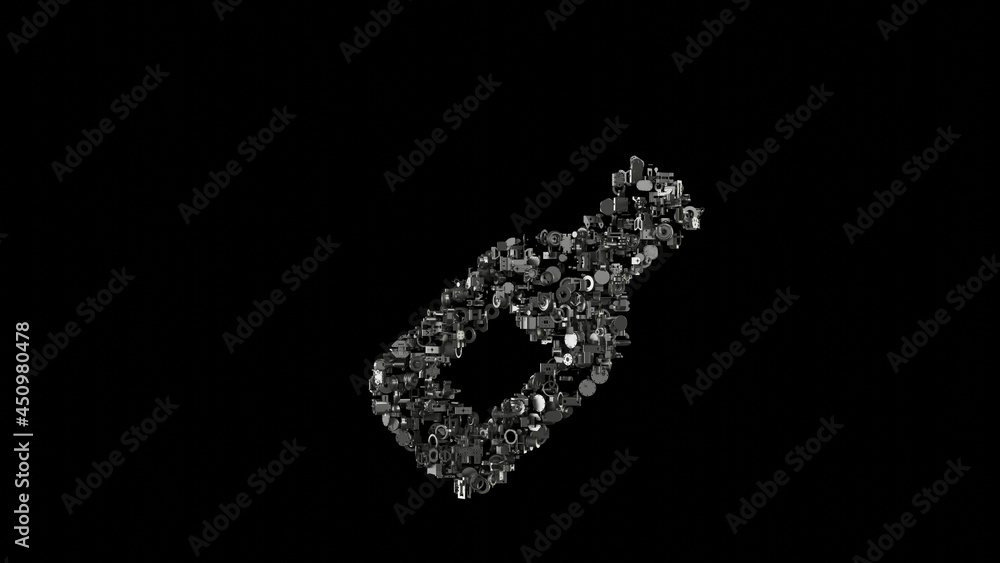 Poster 3d rendering mechanical parts in shape of symbol of wine bottle isolated on black background