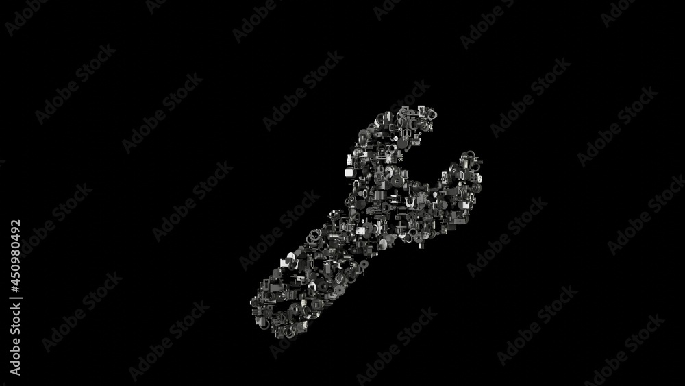 Aufkleber 3d rendering mechanical parts in shape of symbol of wrench isolated on black background