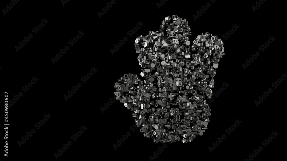 Poster 3d rendering mechanical parts in shape of symbol of alien hand isolated on black background