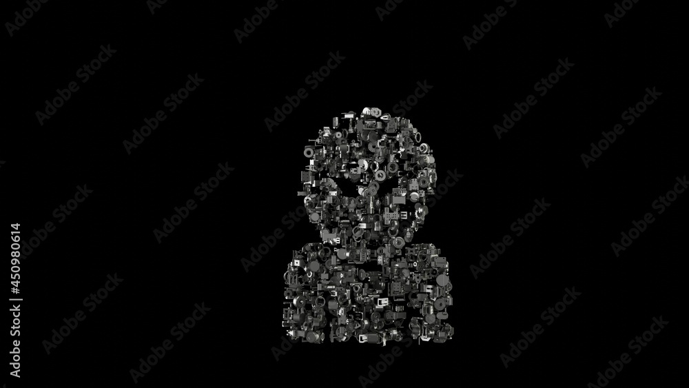 Poster 3d rendering mechanical parts in shape of symbol of alien head isolated on black background