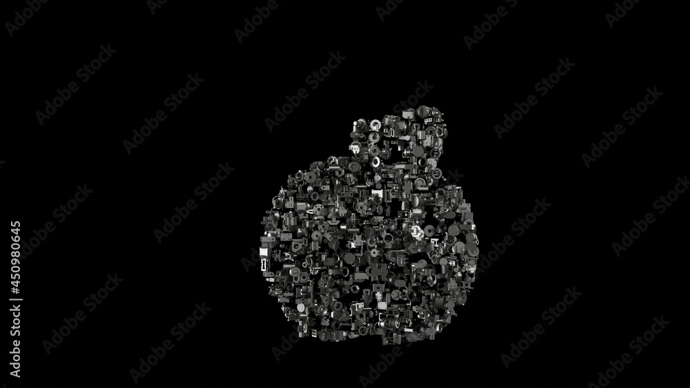 Poster 3d rendering mechanical parts in shape of symbol of apple isolated on black background