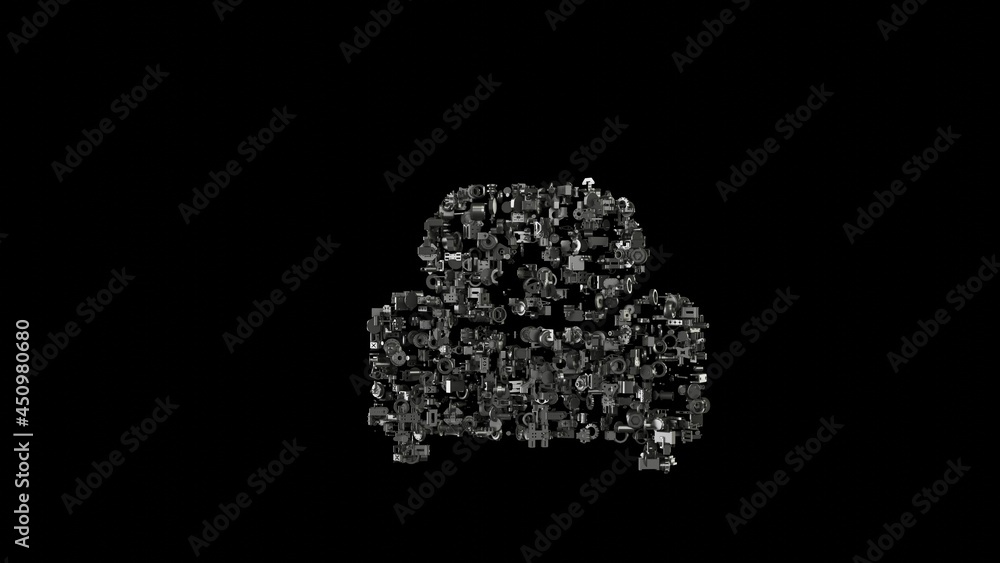 Poster 3d rendering mechanical parts in shape of symbol of armchair isolated on black background