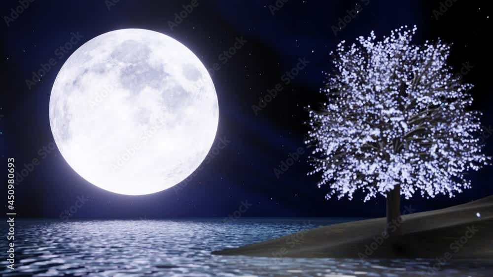 Wall mural full blue moon in the night sky there are stars in the sky. super moon in the middle of the sea with