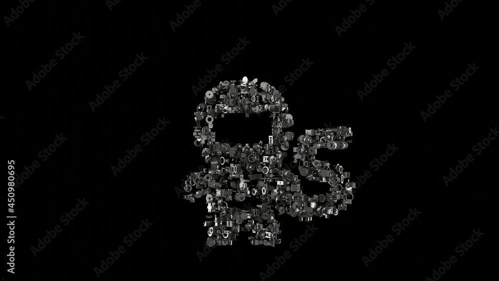 Poster 3d rendering mechanical parts in shape of symbol of astronaut isolated on black background