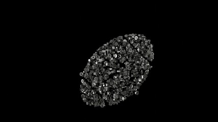 3d rendering mechanical parts in shape of symbol of American football isolated on black background