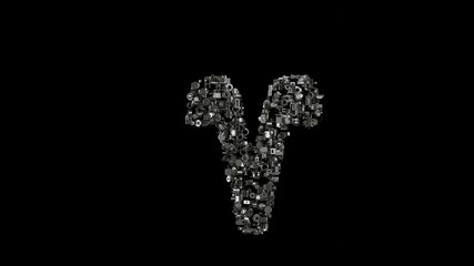 3d rendering mechanical parts in shape of symbol of Aries zodiac isolated on black background