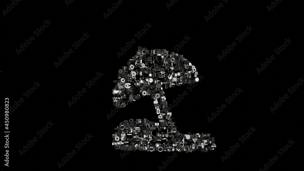 Poster 3d rendering mechanical parts in shape of symbol of beach umbrella isolated on black background