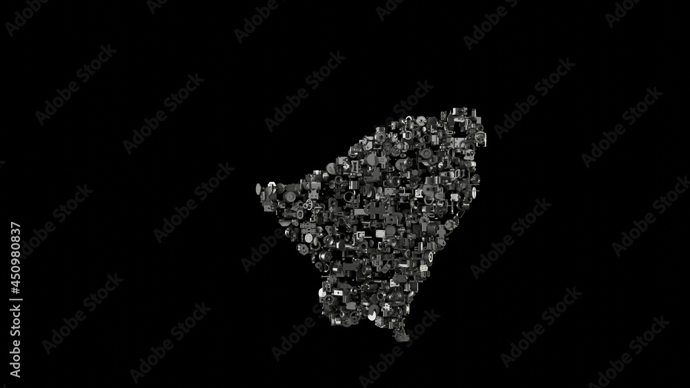 Poster 3d rendering mechanical parts in shape of symbol of bell isolated on black background