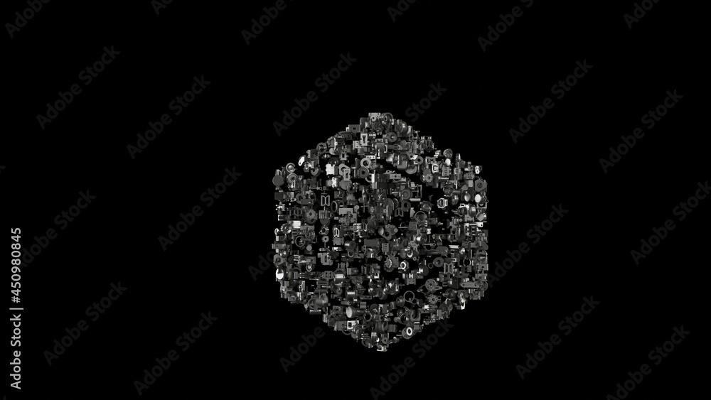 Poster 3d rendering mechanical parts in shape of symbol of benzene isolated on black background