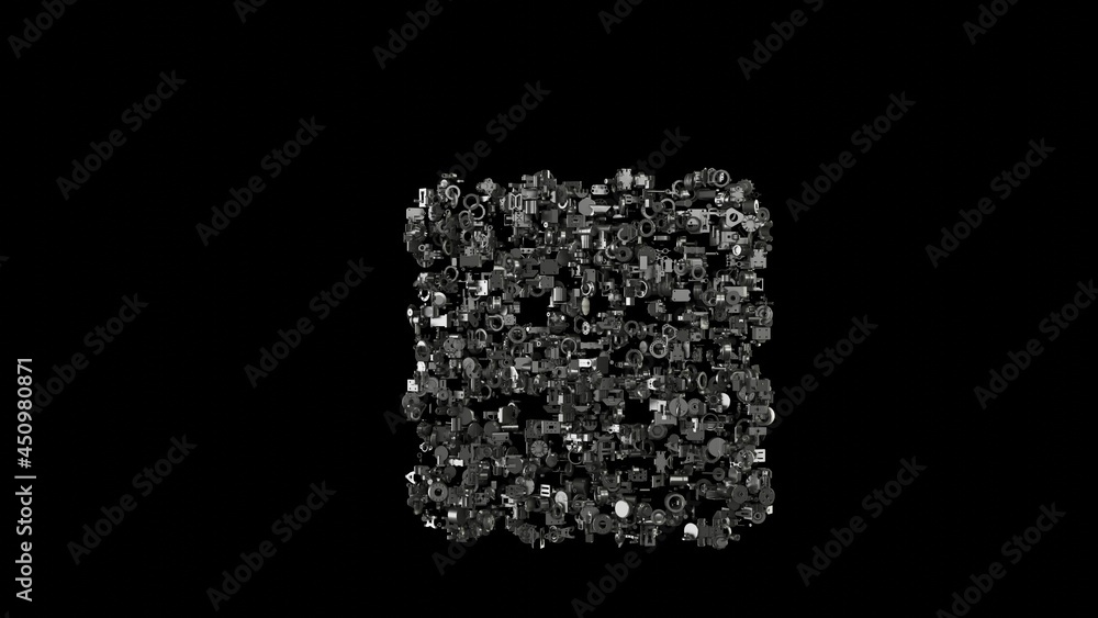 Poster 3d rendering mechanical parts in shape of symbol of biscuit isolated on black background