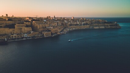 Sunset drone views seen in Valletta, Malta